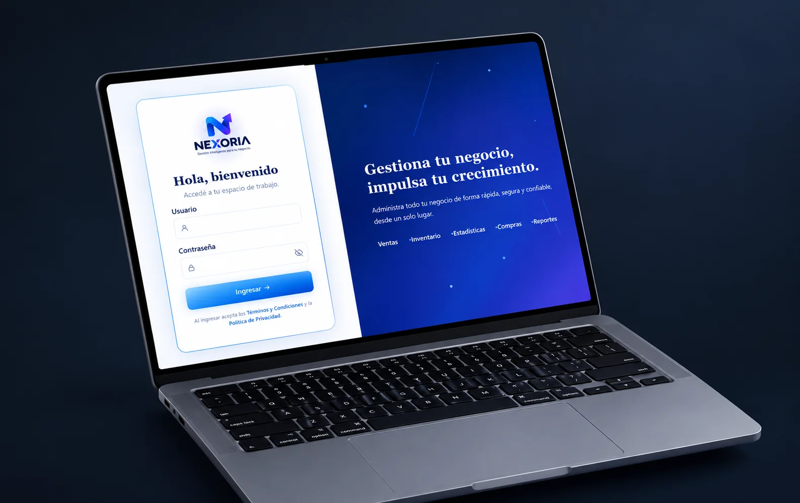 Laptop mostrando Nexoria, sistema SaaS de gestión para emprendedores y microempresas